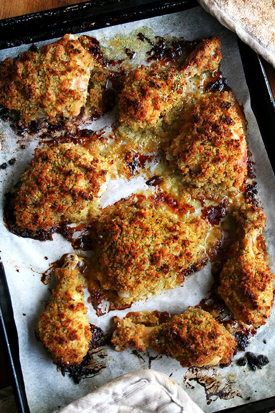 Dijon mustard roasted bread crumb chicken just out of the oven.