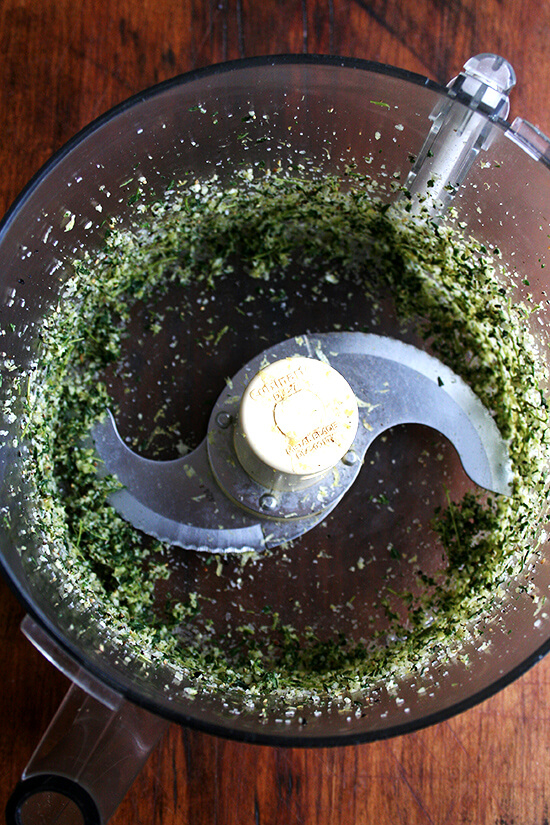 The herb mixture — garlic, thyme, lemon zest, salt — all blended together in a food processor. 