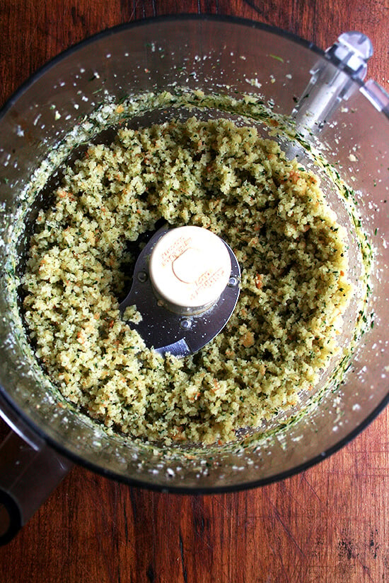 Bread crumbs along with the herb mixture — garlic, thyme, lemon, salt, and pepper — all blended together. 