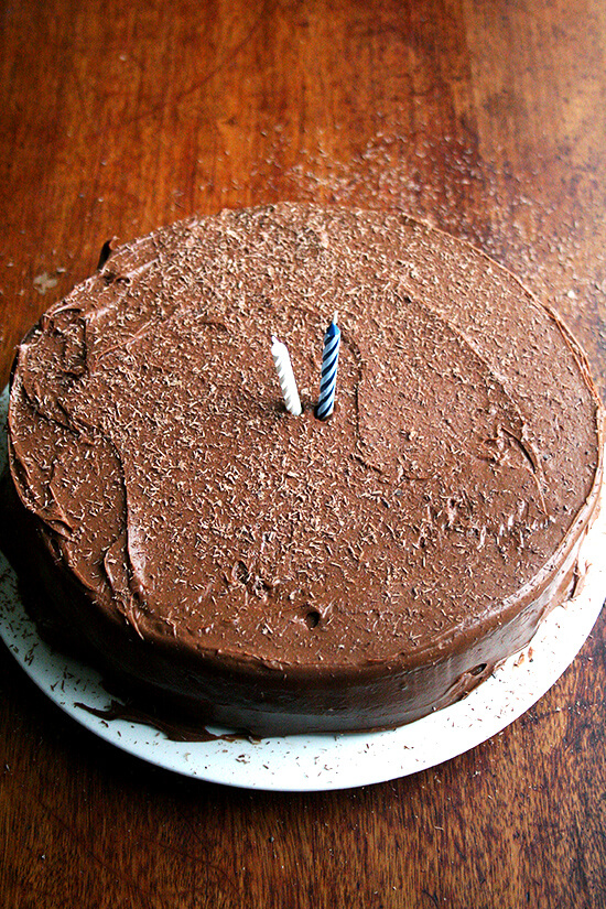 This chocolate cake, made with buttermilk and oil — no butter — and exclusively cocoa — no melted chocolate — is incredibly light and moist and stays this way — tasting freshly baked — for days. It's another Ina Garten recipe, one she begged for from a friend, the grandson of Beatty, after taking one bite. // alexandracooks.com