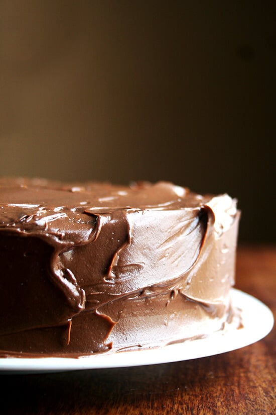 This chocolate cake, made with buttermilk and oil — no butter — and exclusively cocoa — no melted chocolate — is incredibly light and moist and stays this way — tasting freshly baked — for days. It's another Ina Garten recipe, one she begged for from a friend, the grandson of Beatty, after taking one bite. // alexandracooks.com