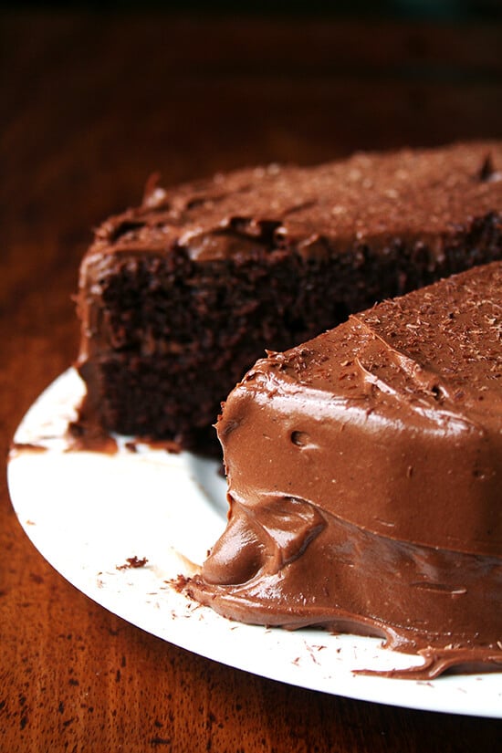 This chocolate cake, made with buttermilk and oil — no butter — and exclusively cocoa — no melted chocolate — is incredibly light and moist and stays this way — tasting freshly baked — for days. It's another Ina Garten recipe, one she begged for from a friend, the grandson of Beatty, after taking one bite. // alexandracooks.com