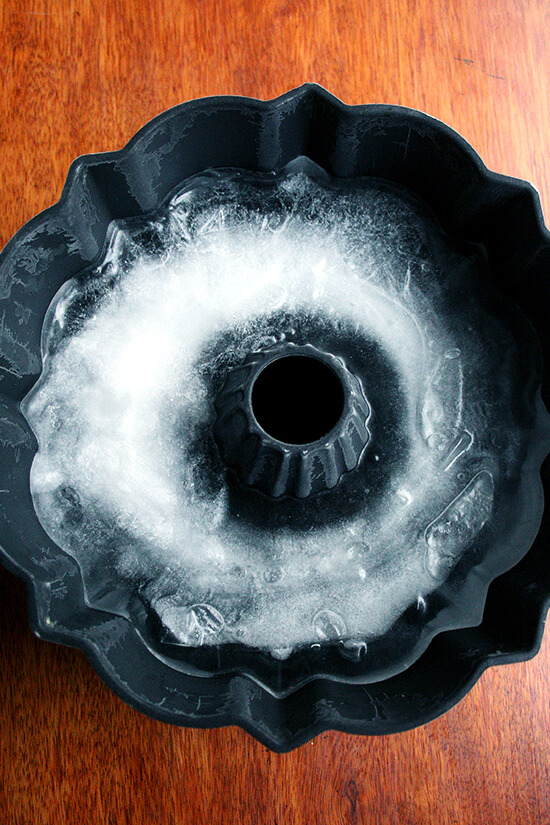 A bundt pan filled with frozen water for the punch bowl's ice ring.