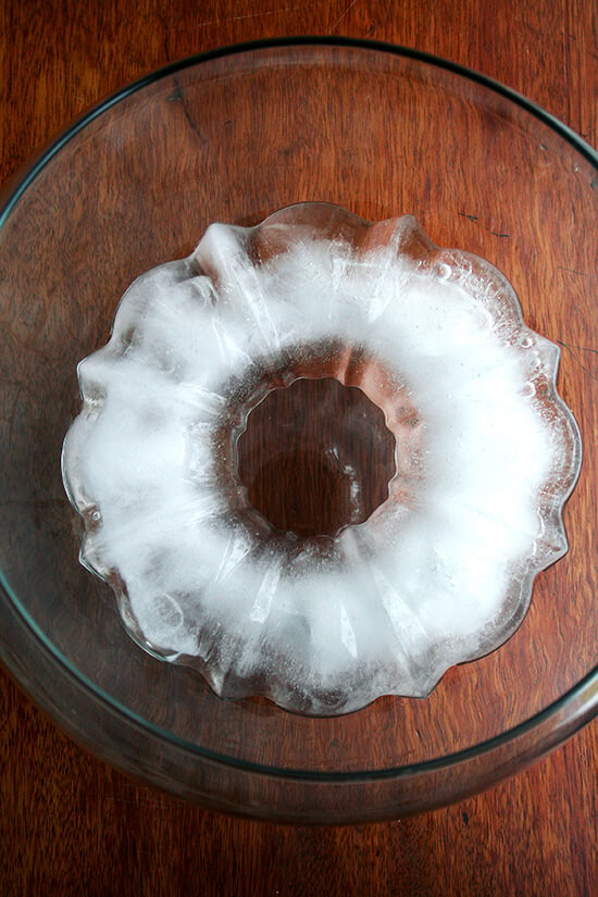 A punch bowl fitted with the frozen ice ring.