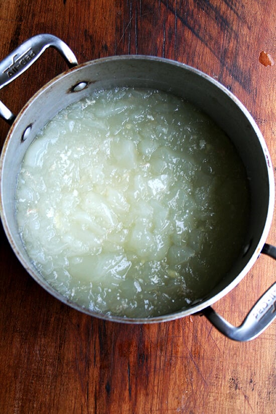 A pot filled with gelatinous chicken stock. 