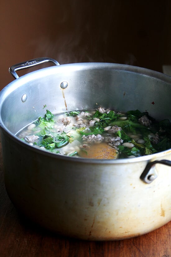 A large pot of white bean soup. 