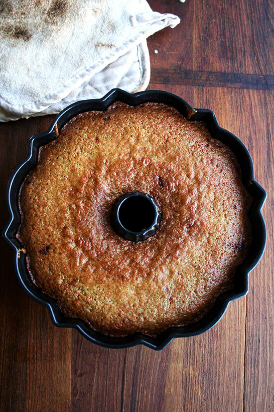 Just baked applesauce - yogurt cake still in bundt pan.