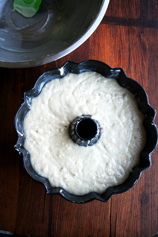 Bundt pan filled with batter, ready for the oven.