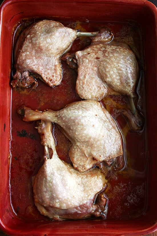Four just-cooked duck leg confit in a 9x13-inch baking dish.