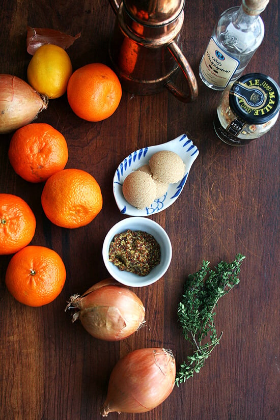ingredients for roast chicken and clementines.