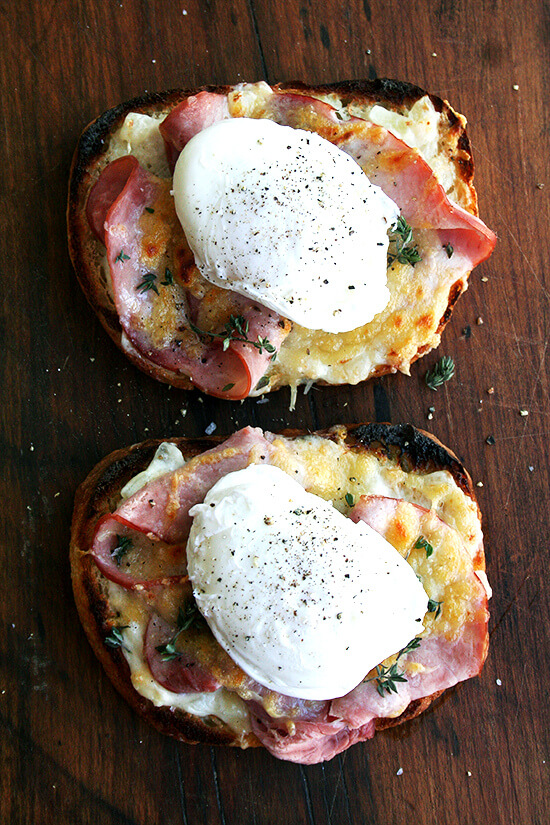 Croque Madame: Two slices of toast topped with béchamel, ham, and cheese, broiled and topped with poached eggs.
