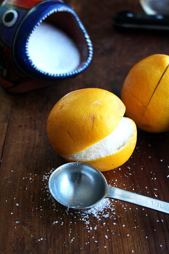 A cut lemon stuffed with salt.