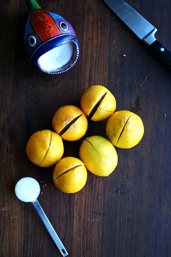 cut lemons aside a fish salt cellar holding salt