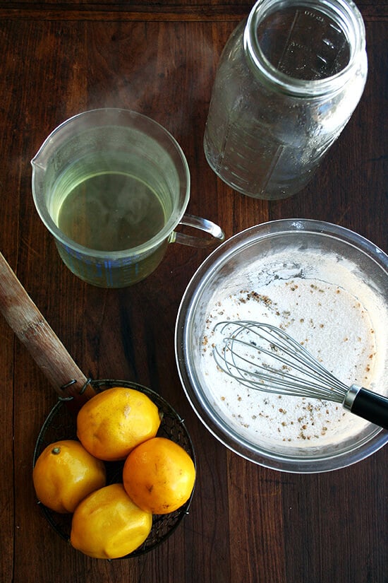 An overhead shot of brine ingredients for the preserved lemons.