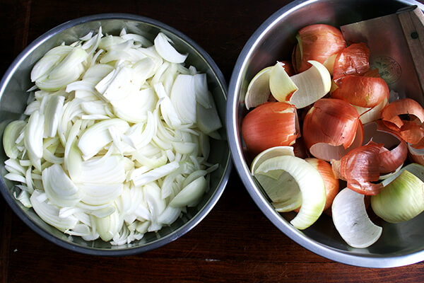 onions and peels in two separate large bowls