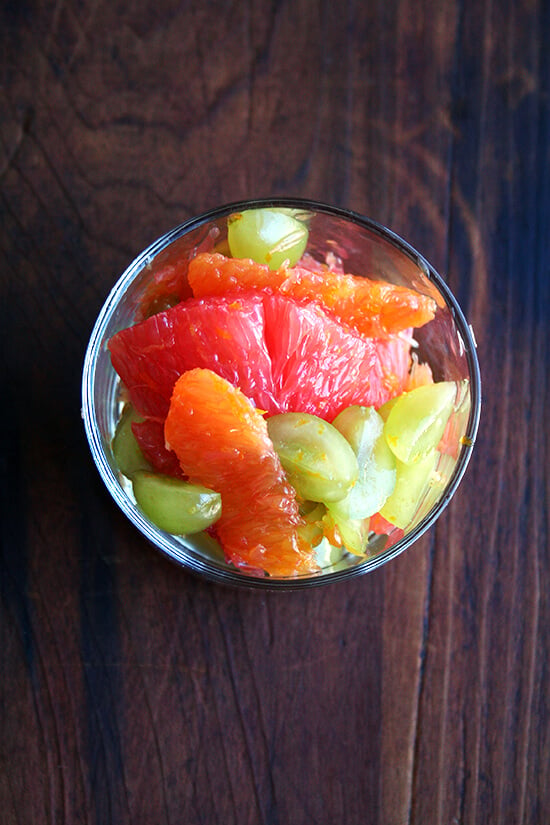 This grape compote mixture of orange, grapefruit and slivered grapes tossed together with citrus sugar and juice is fresh and light and makes an elegant dessert or a nice addition to any breakfast or brunch. And while it's simple in theory to throw together — fruit and sugar are tossed with fresh juice — somehow it takes more time to assemble than you might anticipate. But don't let that deter you. All of the zesting and supreming and slivering are worth every effort. // alexandracooks.com
