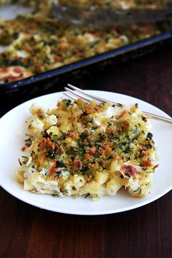 Sheet pan mac n cheese on a plate.