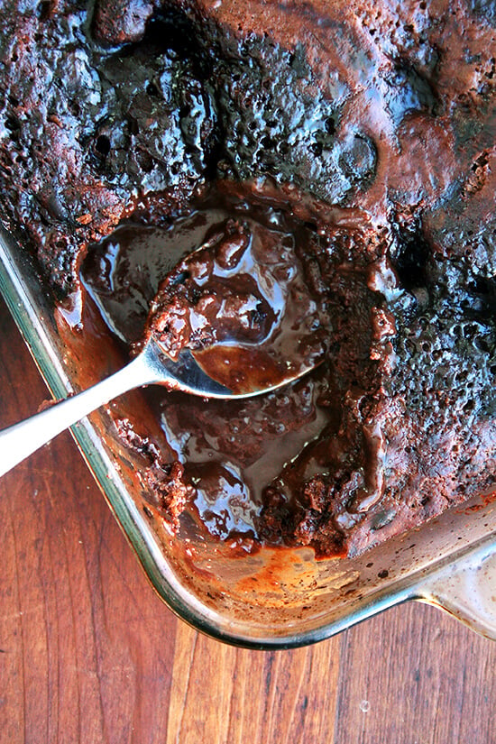 Chocolate Eclipse is a pudding cake that feeds a crowd. In the oven, the pudding layer sinks to the bottom and the cake rises to the top, emerging with a surface dimpled with deep fudgy craters. When inverted into serving bowls, the built-in fudge sauce becomes the topping, and while a scoop of vanilla ice cream would make for an ultimate experience, this pudding cake is utterly delicious on its own. // alexandracooks.com