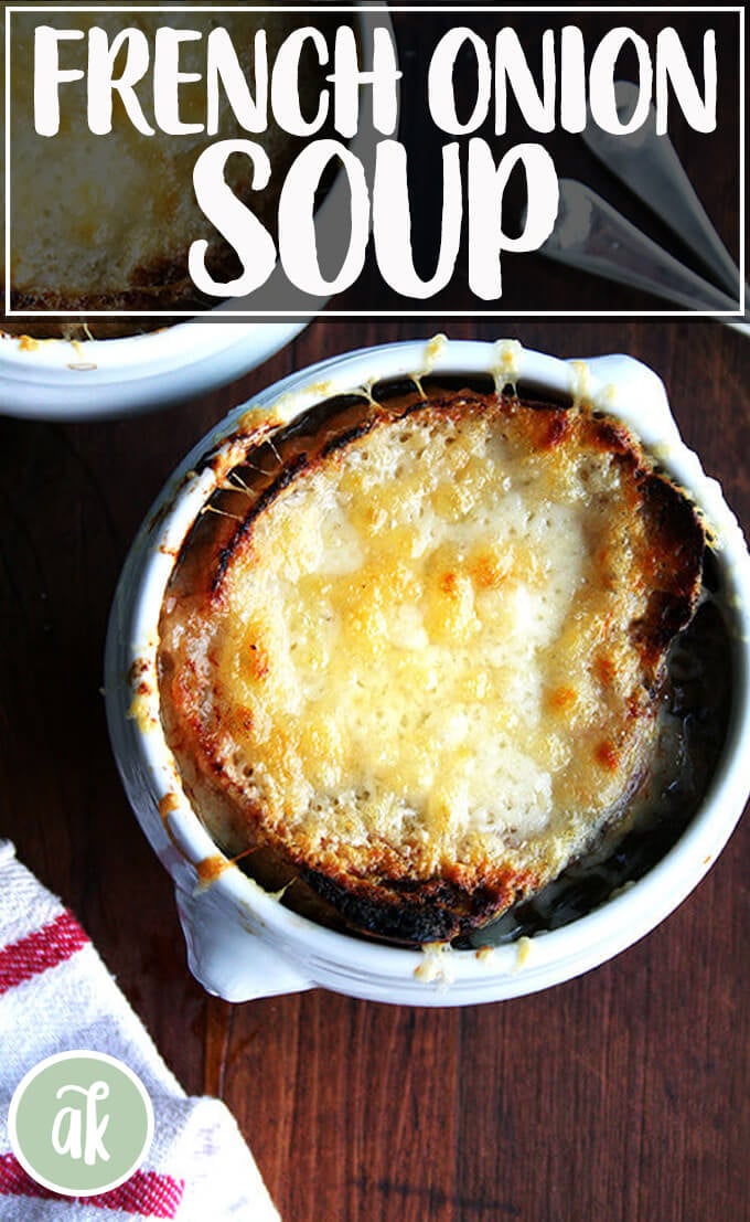 A bowl of classic French onion soup.