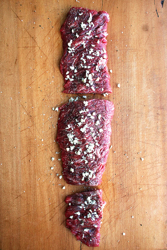 flap steak with salt, pepper & garlic