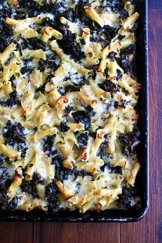 sheet pan pasta gratin with kale just baked