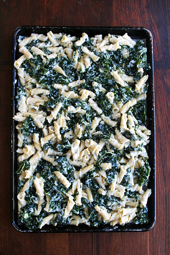 An overhead shot of un-baked pasta gratin with kale on a sheet pan.