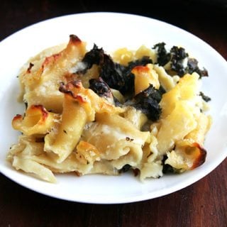 A plate of pasta gratin with kale