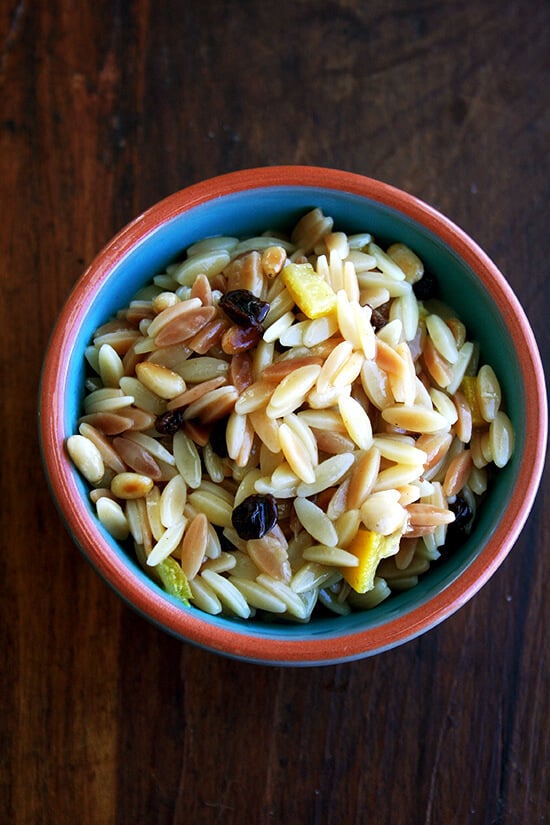toasted orzo with preserved lemon, pine nuts, and currants