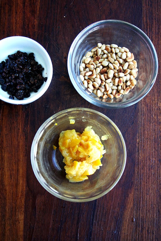 currants, preserved lemons and toasted pine nuts