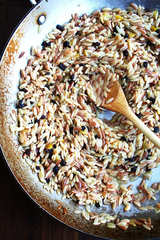 toasted orzo with preserved lemon, pine nuts, and currants