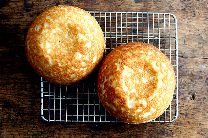 Two loaves of gluten-free bread on a cooling rack.