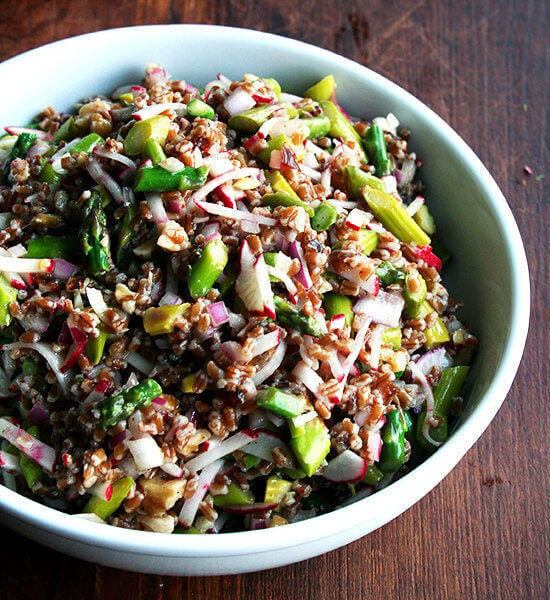 A bowl of spring wheat berry salad.