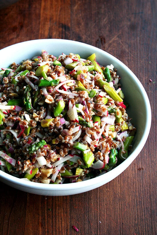 A bowl of spring wheat berry salad.