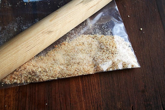 A ziplock bag filled with crushed cookies. 