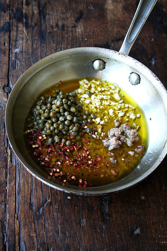 capers, anchovies, garlic, red pepper flakes