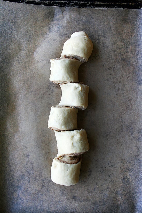 Cinnamon pull-apart bread, ready for the oven.