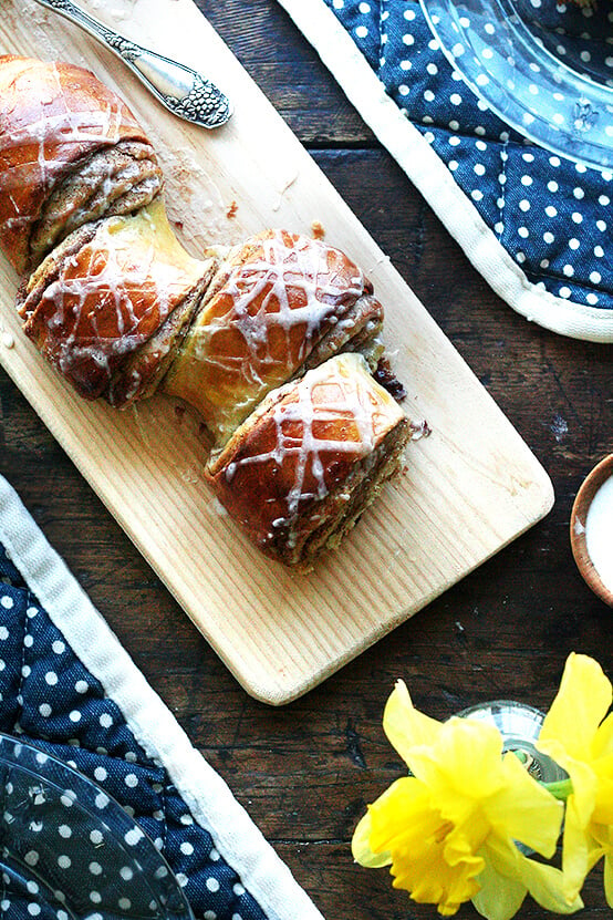 Cinnamon pull-apart bread on a board.