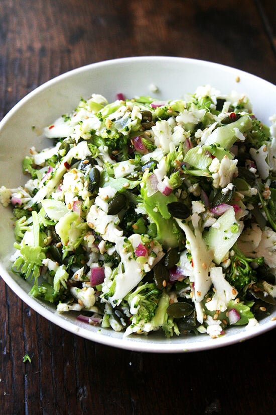 A bowl of broccoli-cauliflower salad. 