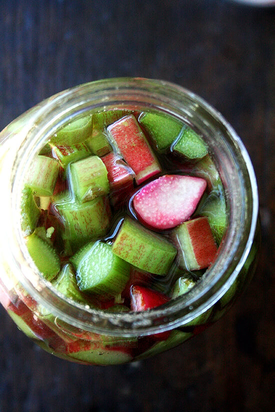 Overhead shot of rhubarb schnapps. 