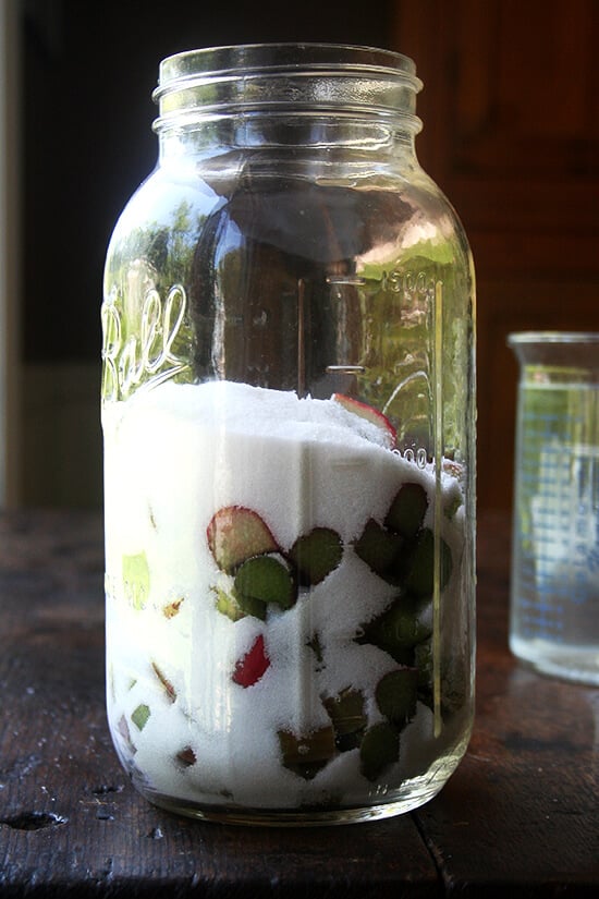 A jar of chopped rhubarb and sugar.