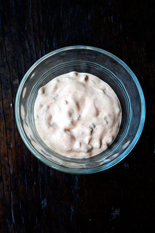 Two simple burger condiments: the sauce, a mixture of pantry staples, a combination that is so much greater than the sum of its parts, and the onions, thinly sliced briefly macerated in vinegar. These are essential. // alexandracooks.com