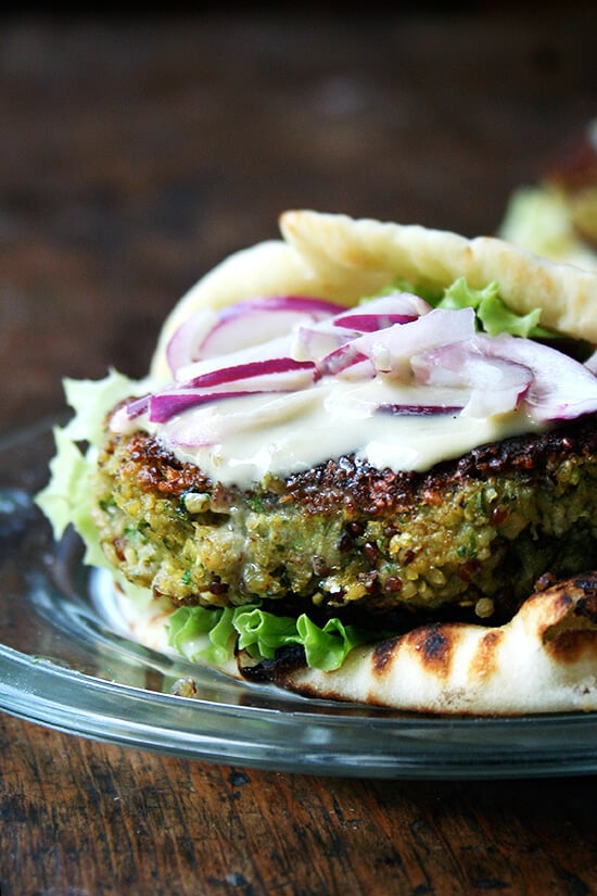 All summer, I've been trying to make a good veggie burger, and I've finally found a formula I love. Here, fresh, simple ingredients offer bite, smoke, and freshness. A cup of cooked quinoa, too, provides a nice crunch throughout, the grains crisping up during the quick sear on the stovetop. These happen to be vegan to boot. // alexandracooks.com