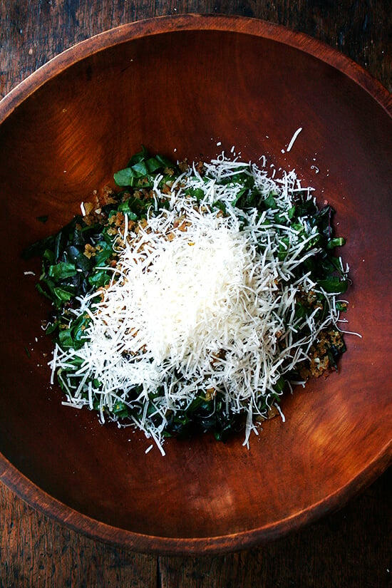 Swiss chard salad topped with grated parmesan. 
