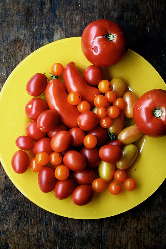 A large plate of summer tomatoes.