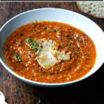 A bowl of roasted tomato and bread soup.
