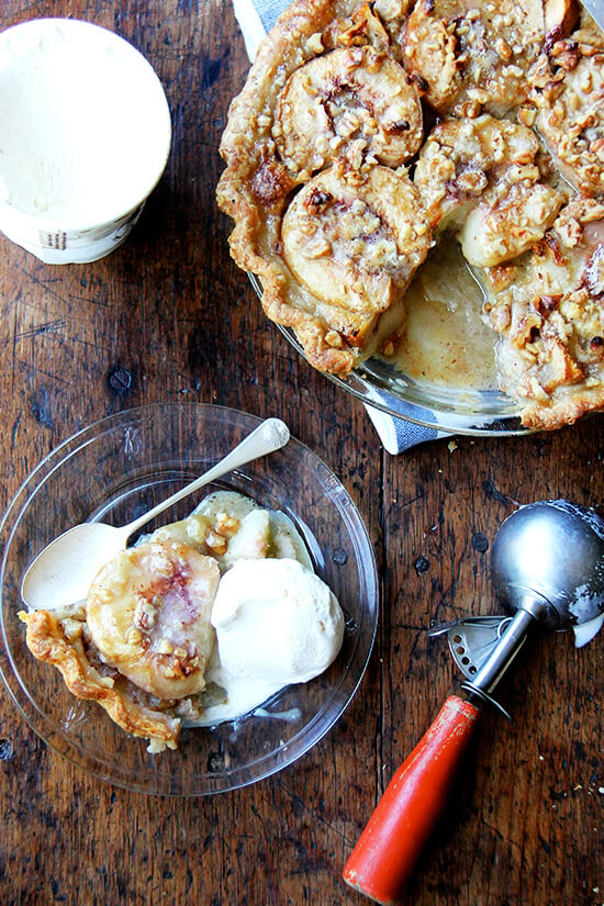German peach pie, which may or may not be German at all, is like an open-faced pie made with four halved, peeled peaches topped with a butter-sugar-egg mixture and a small sprinkling of nuts. When it bakes, this vanilla custard bubbles around the peach halves, which, after the hour in the oven, become spoon tender and are utterly delicious. Vanilla ice cream is a must as is a crew to help polish off the spoils, though pie for breakfast isn't the worst thought either. // alexandracooks.com