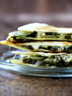 There is something so good about this simple quesadilla, about tasting each element — the smoky peppers and sweet onions, the bright cilantro, the creamy, melty Jack. As with pizza, less is more with quesadillas — a thin layer of ingredients is best. Before serving, I love stretching open the cheese-locked layers and dropping in spoonfuls of sour cream. // alexandracooks.com