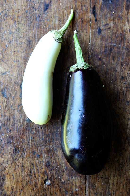 two eggplants on a table