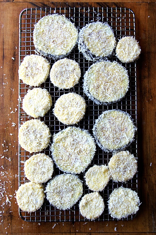 breaded eggplant on a cooling rack