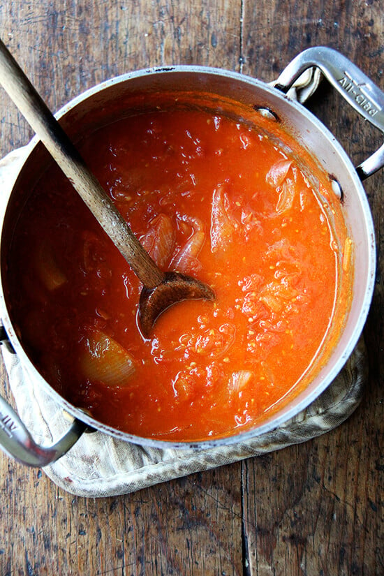 marcella hazan tomato sauce in a pot